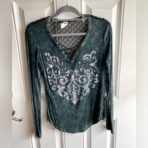 Affliction tie detail neckline see-through back, deep green/blue color